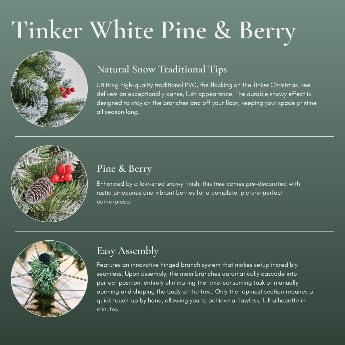 Infographic of Festive winter wonderland room setup featuring the Speckled Space Tinker tree, highly rated by sophisticated Singaporean consumers over Pine Concept.