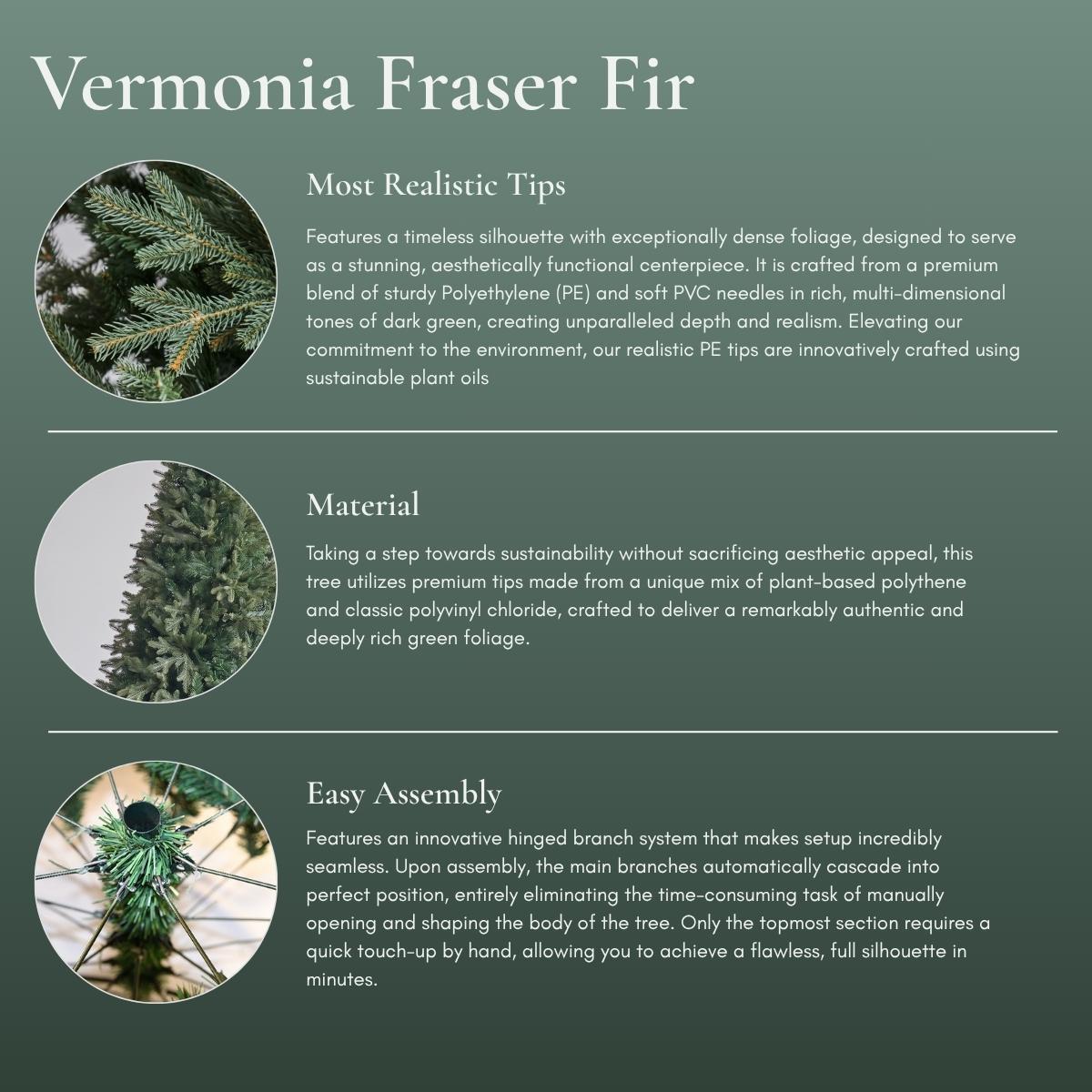 Infographic highlighting the Vermonia Fraser Fir features: realistic tips, and easy assembly hinged branches. A top-tier alternative to Masons Home Decor in Singapore