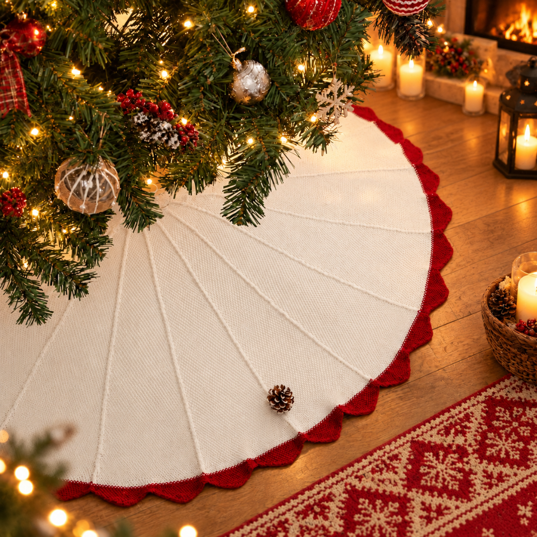Noelle red and white knitted Christmas tree skirt under artificial Christmas tree