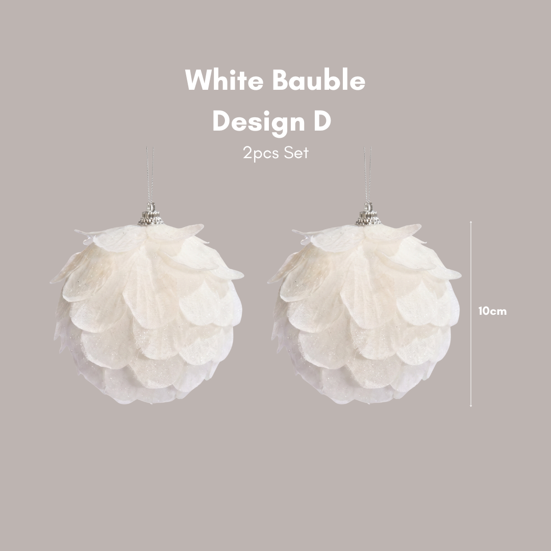 10cm White Christmas Hanging Baubles styled on pine branches for Christmas Tree Singapore - Speckled Space
