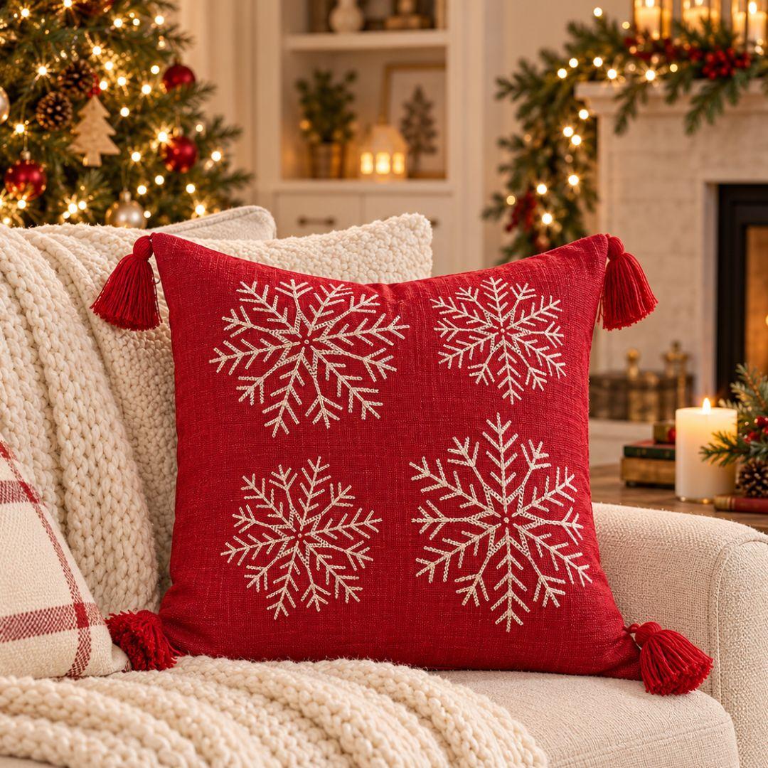 Red Winterberry Frost Christmas cushion cover with cream embroidered snowflakes and red tassels.