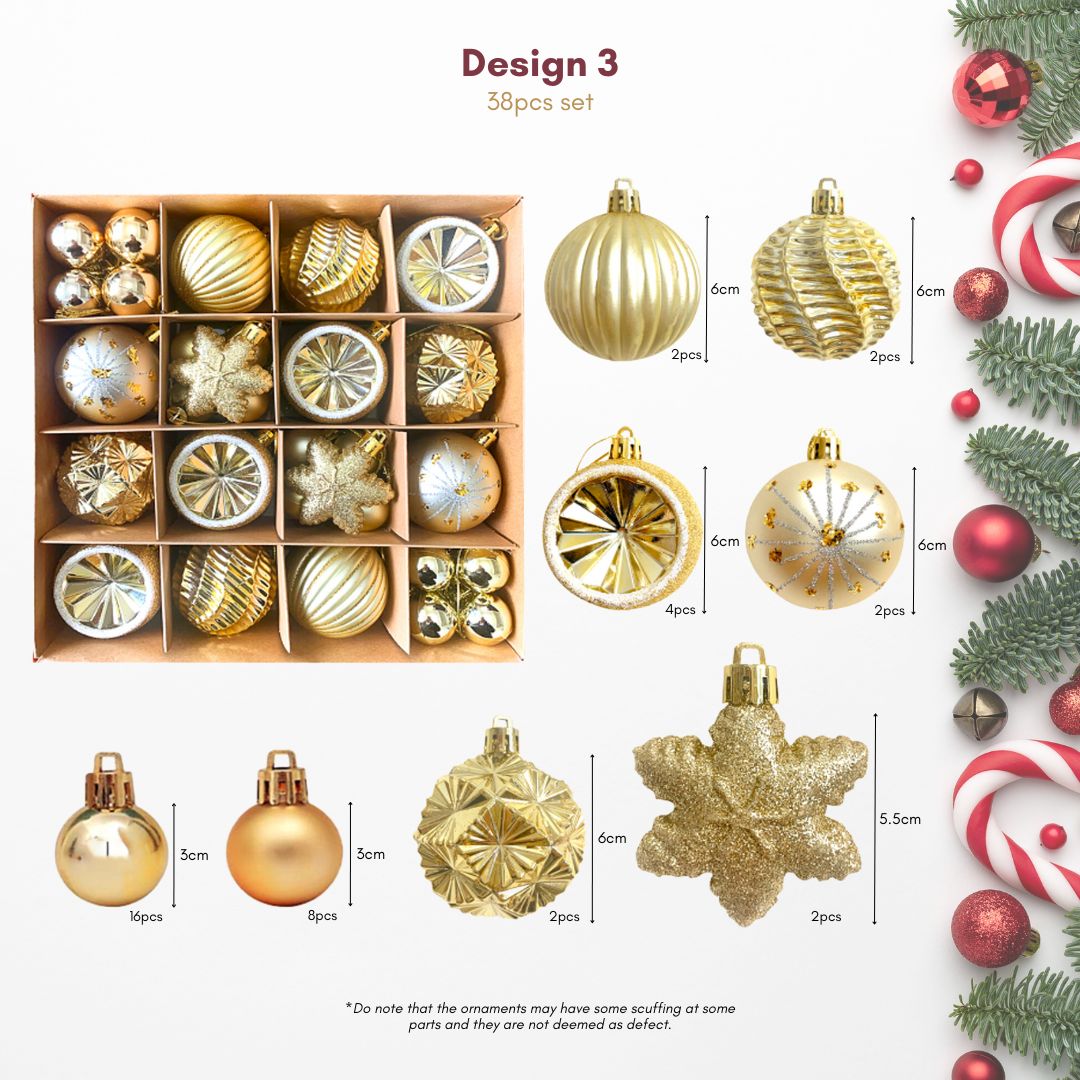 38pcs Set Gold Christmas Hanging Baubles Ornament