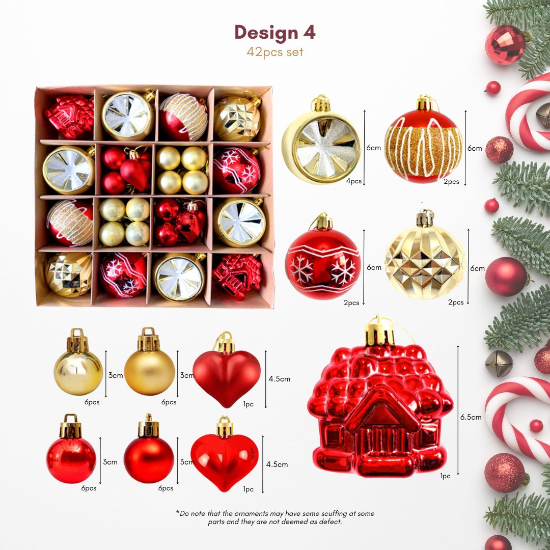 42pcs Set Red Gold Christmas Hanging Baubles Ornament