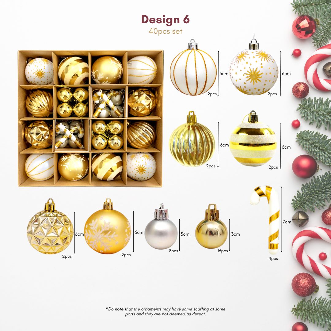 40pcs Set Gold White Christmas Hanging Baubles Ornament