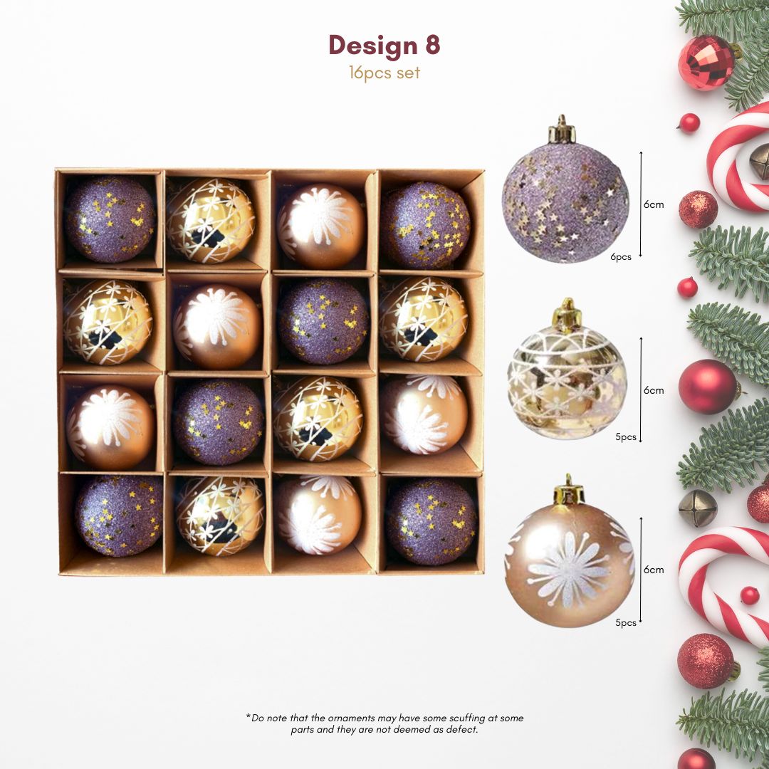 16pcs Set Gold Purple Christmas Hanging Baubles Ornament