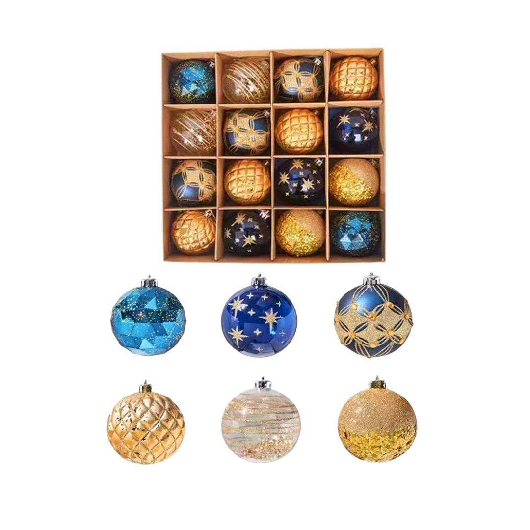 16pcs Set Blue Gold Christmas Hanging Baubles Ornament