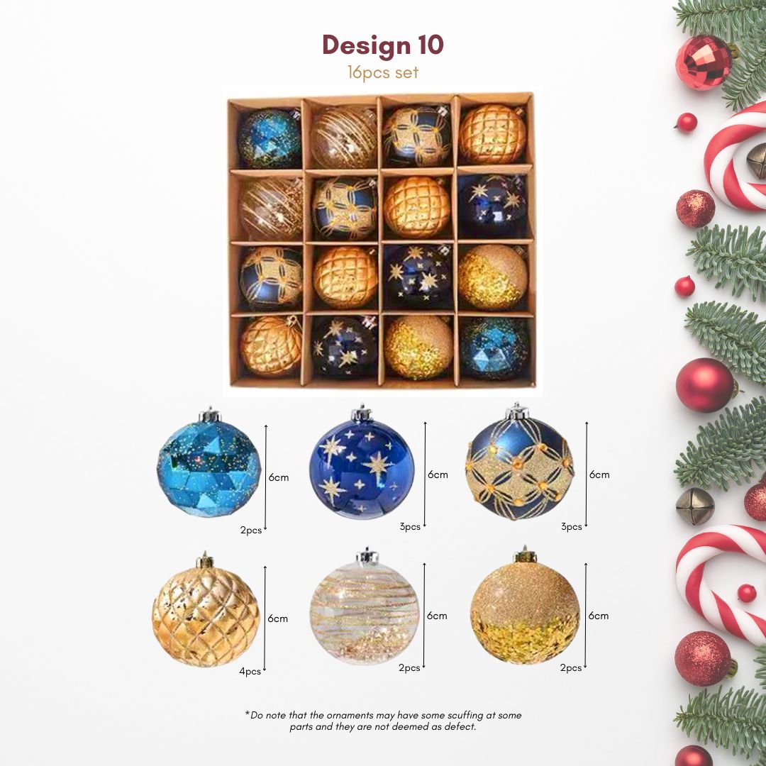 16pcs Set Blue Gold Christmas Hanging Baubles Ornament