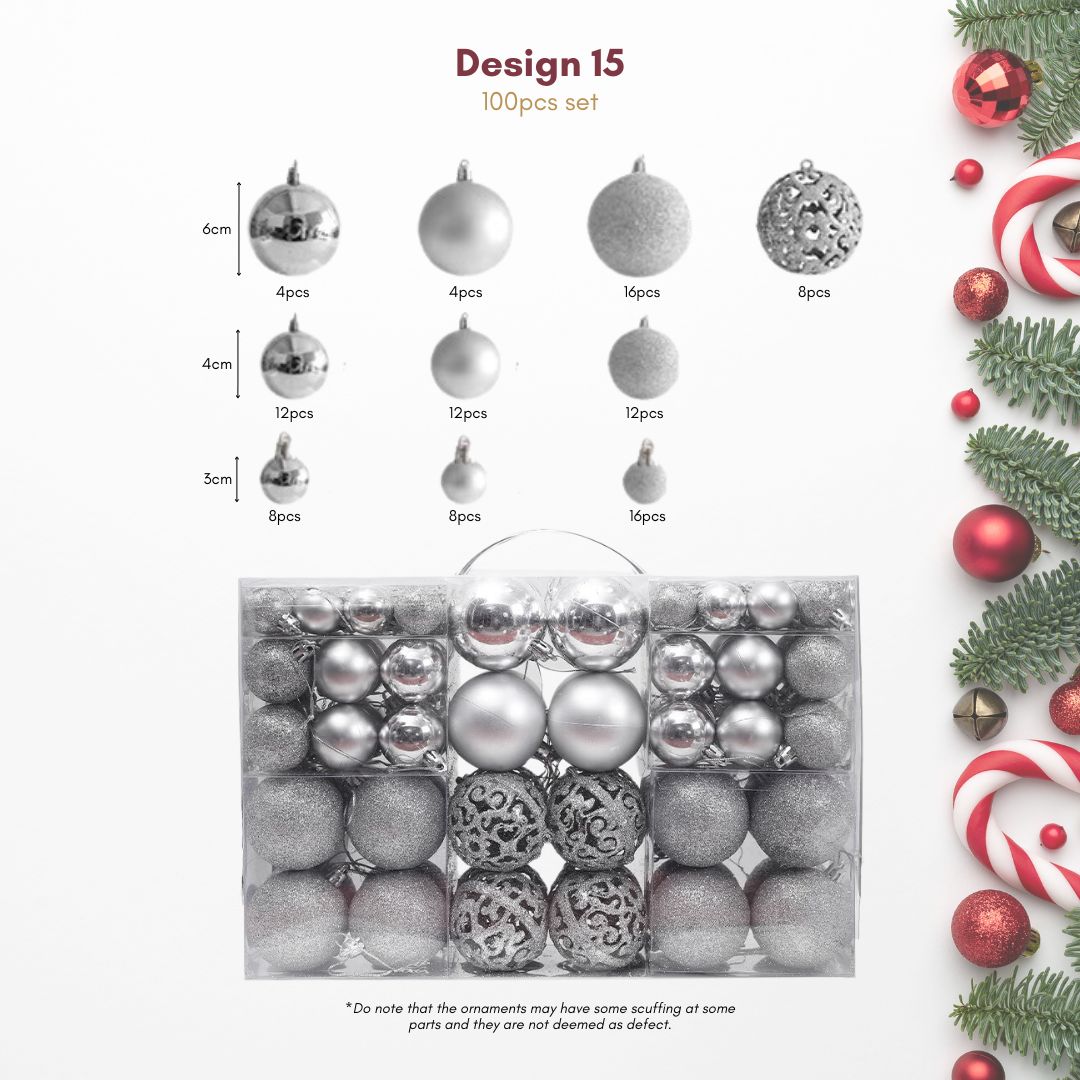 100pcs Set Silver Christmas Hanging Baubles Ornament