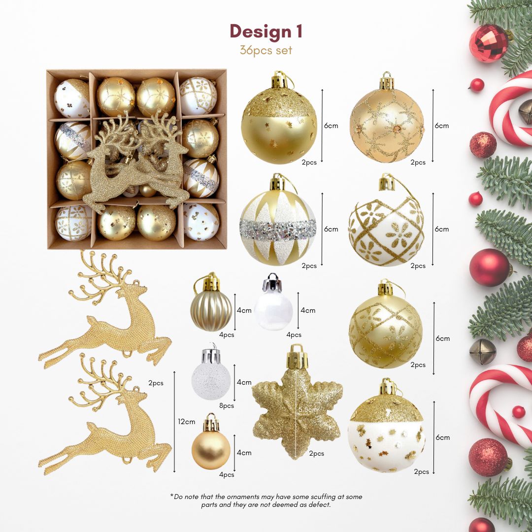 36pcs Set White Gold Christmas Hanging Baubles Ornament