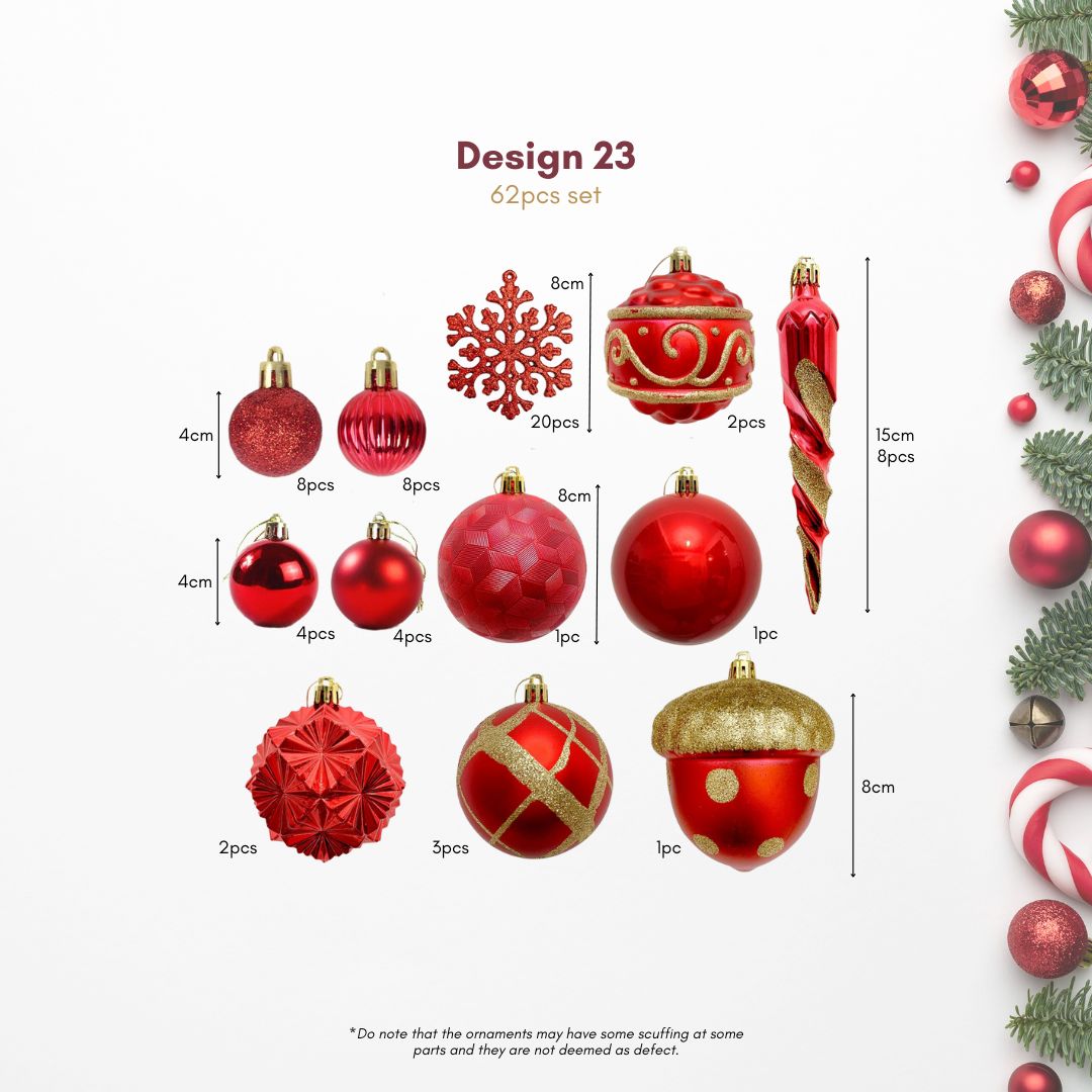 62pcs Set Red Christmas Hanging Baubles Ornament (D23)