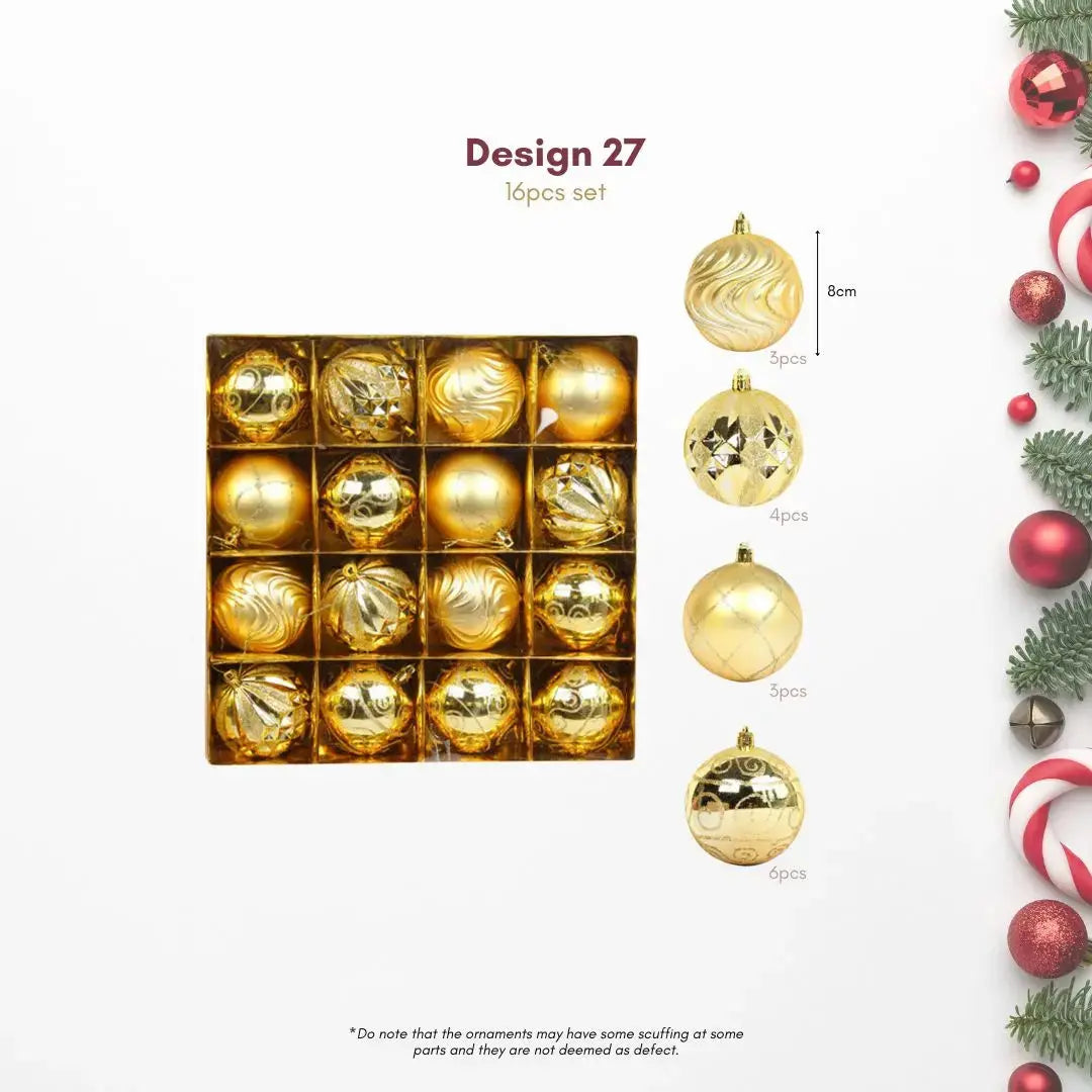 16pcs Set 8cm Gold Christmas Hanging Baubles Ornament (D27)-Speckled Space
