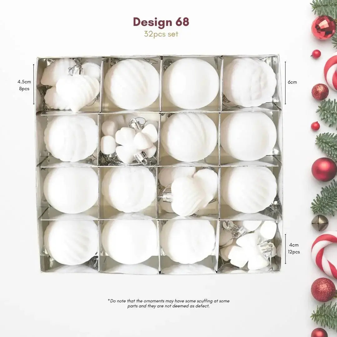 32pcs Set White Velvet Christmas Hanging Baubles Ornament (D68)-Speckled Space