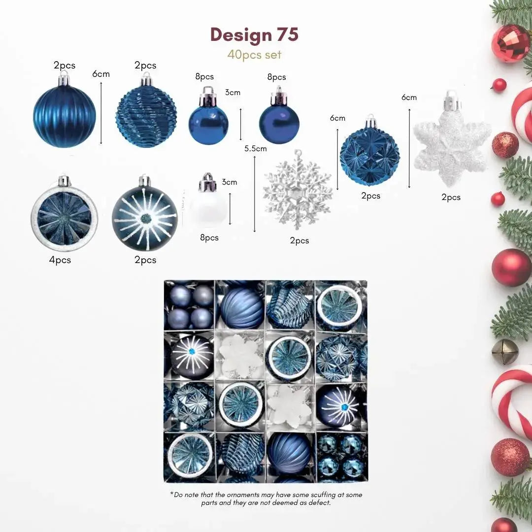 40pcs Set Blue White Christmas Hanging Baubles Ornament (D75)-Speckled Space