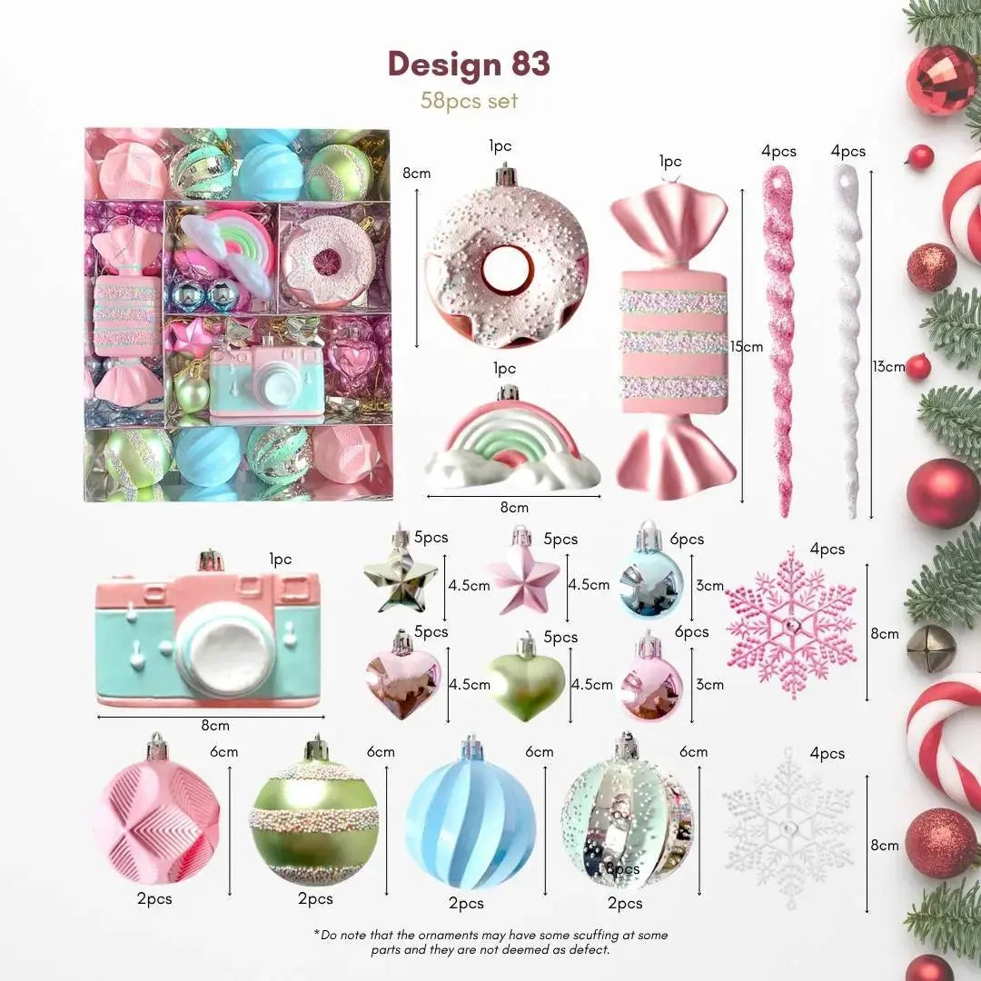 58pcs Set Pastel Pink & Blue Christmas Hanging Baubles Ornament (D83)-Speckled Space