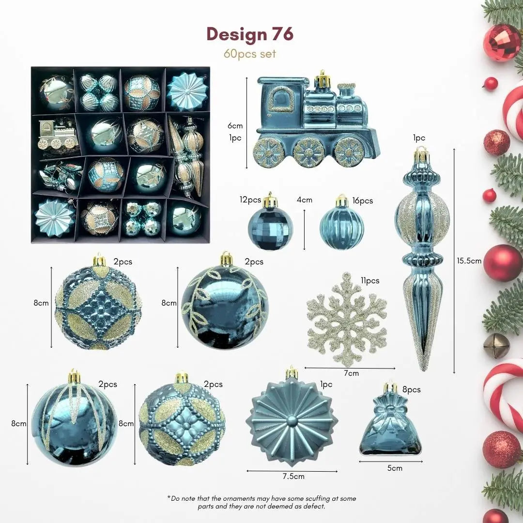60pcs Set Turquoise Blue Christmas Hanging Baubles Ornament (D76)-Speckled Space