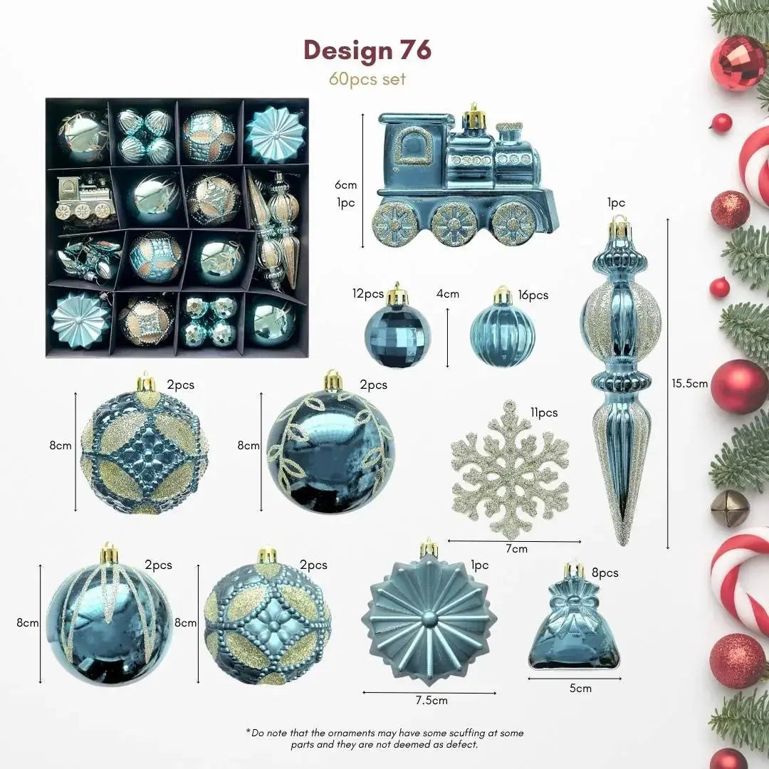 60pcs Set Turquoise Blue Christmas Hanging Baubles Ornament (D76)-Speckled Space