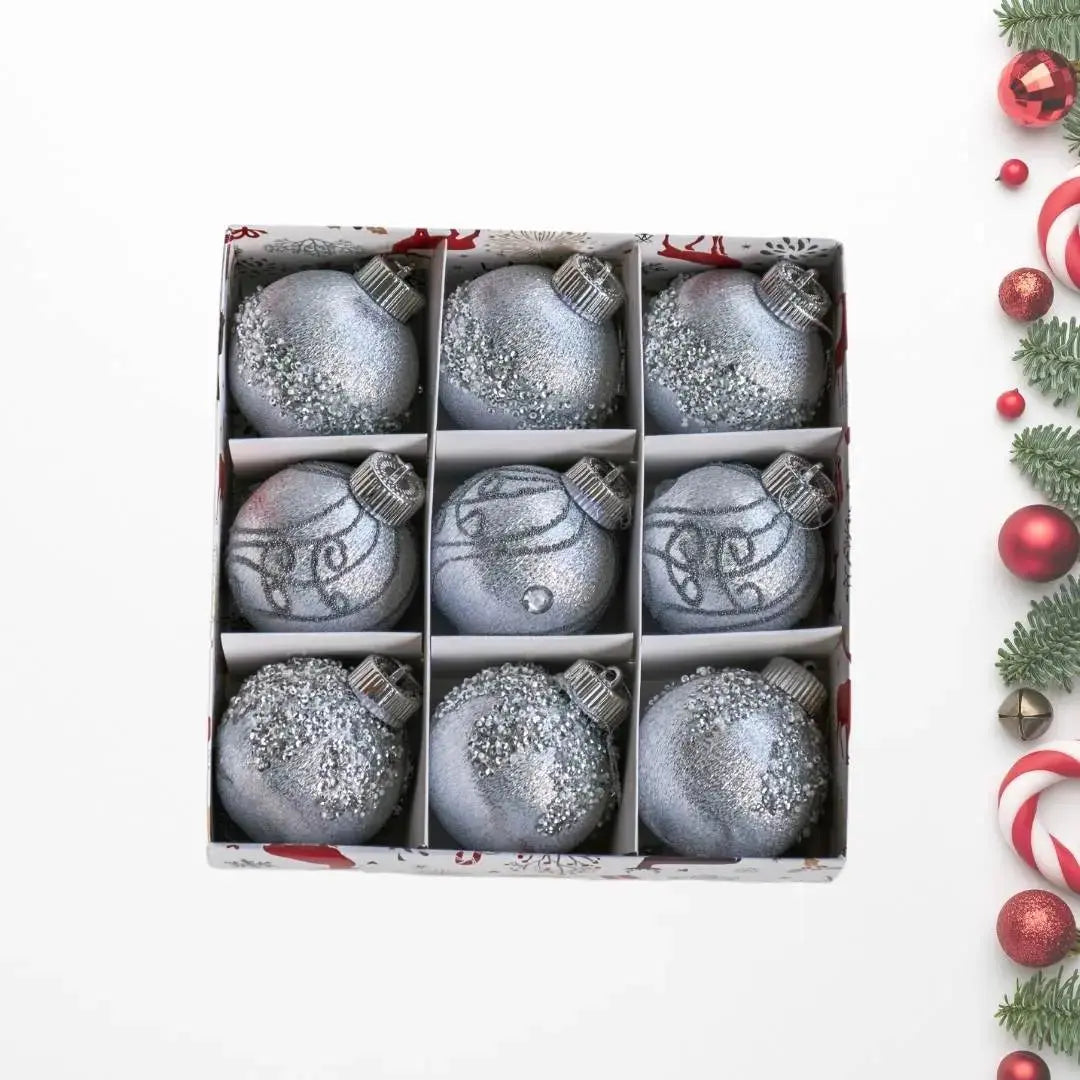 9pcs Set 8cm Silver Christmas Hanging Baubles Ornament (D54)-Speckled Space