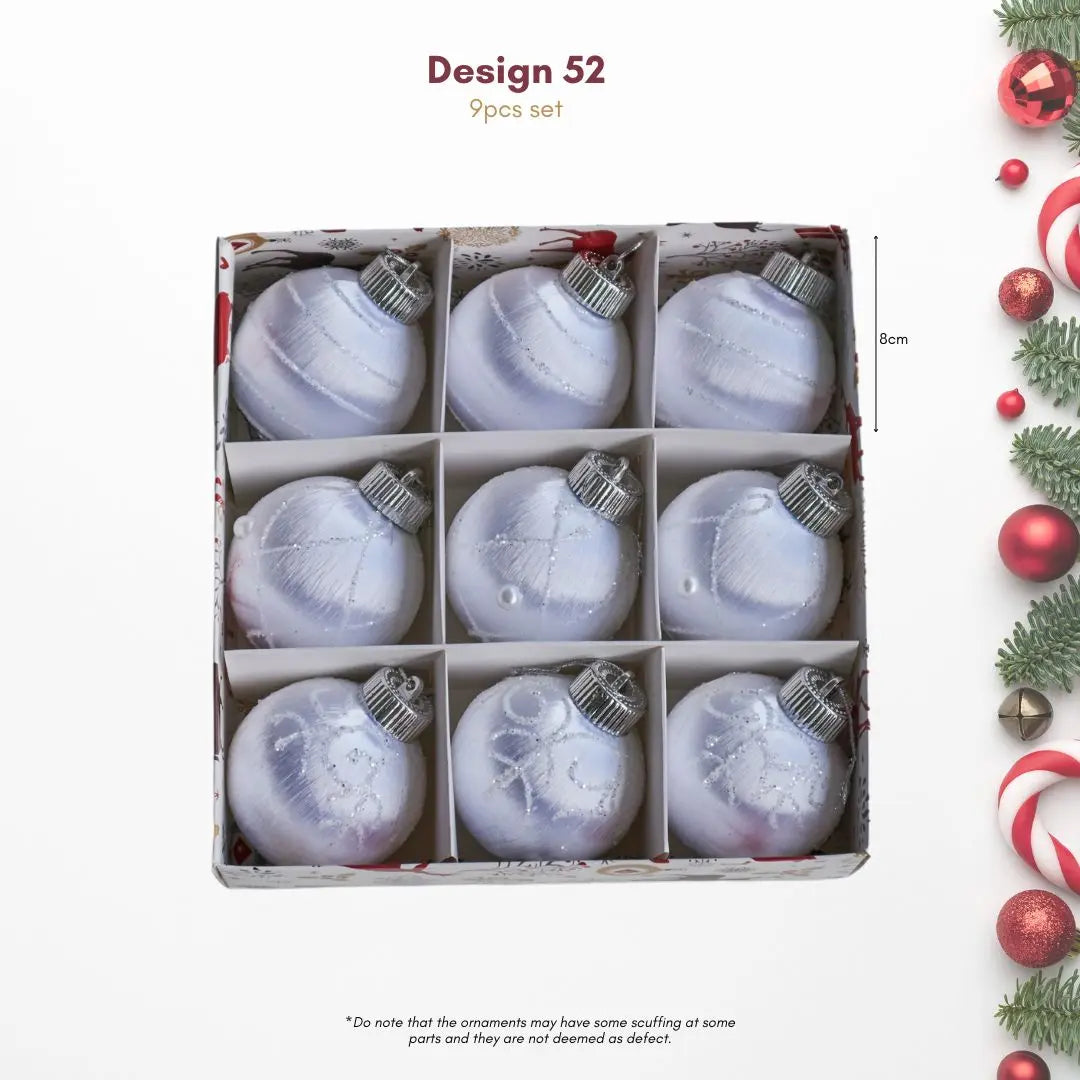 9pcs Set 8cm White Christmas Hanging Baubles Ornament (D52)-Speckled Space