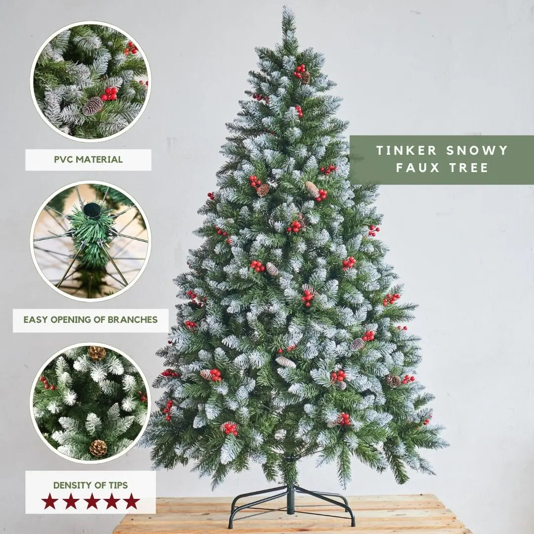 Realistic snowy Christmas tree with frosted white tips and pine cones