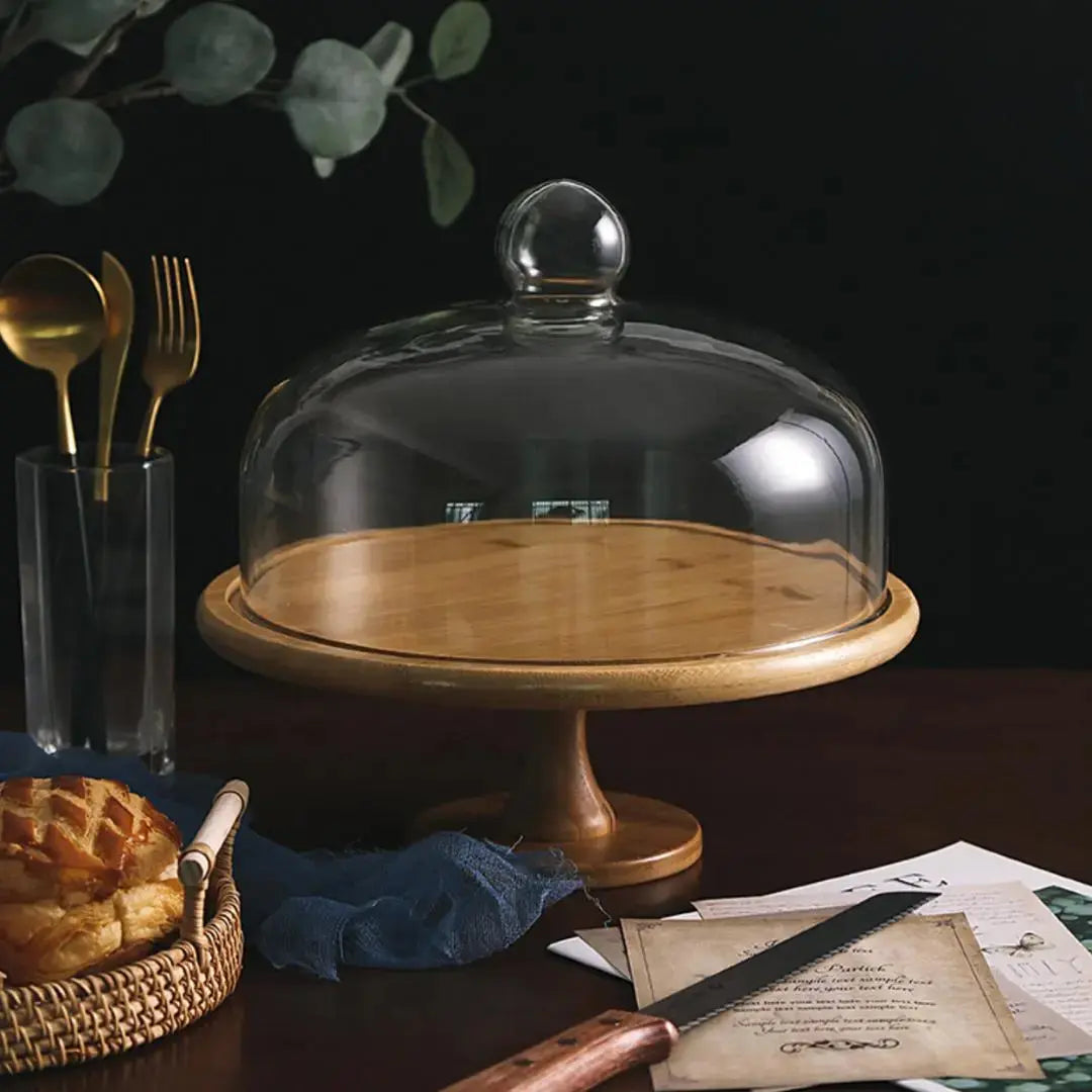 Walmer Cake Serving Stand with Dome Glass Lid Wooden Platter-Speckled Space