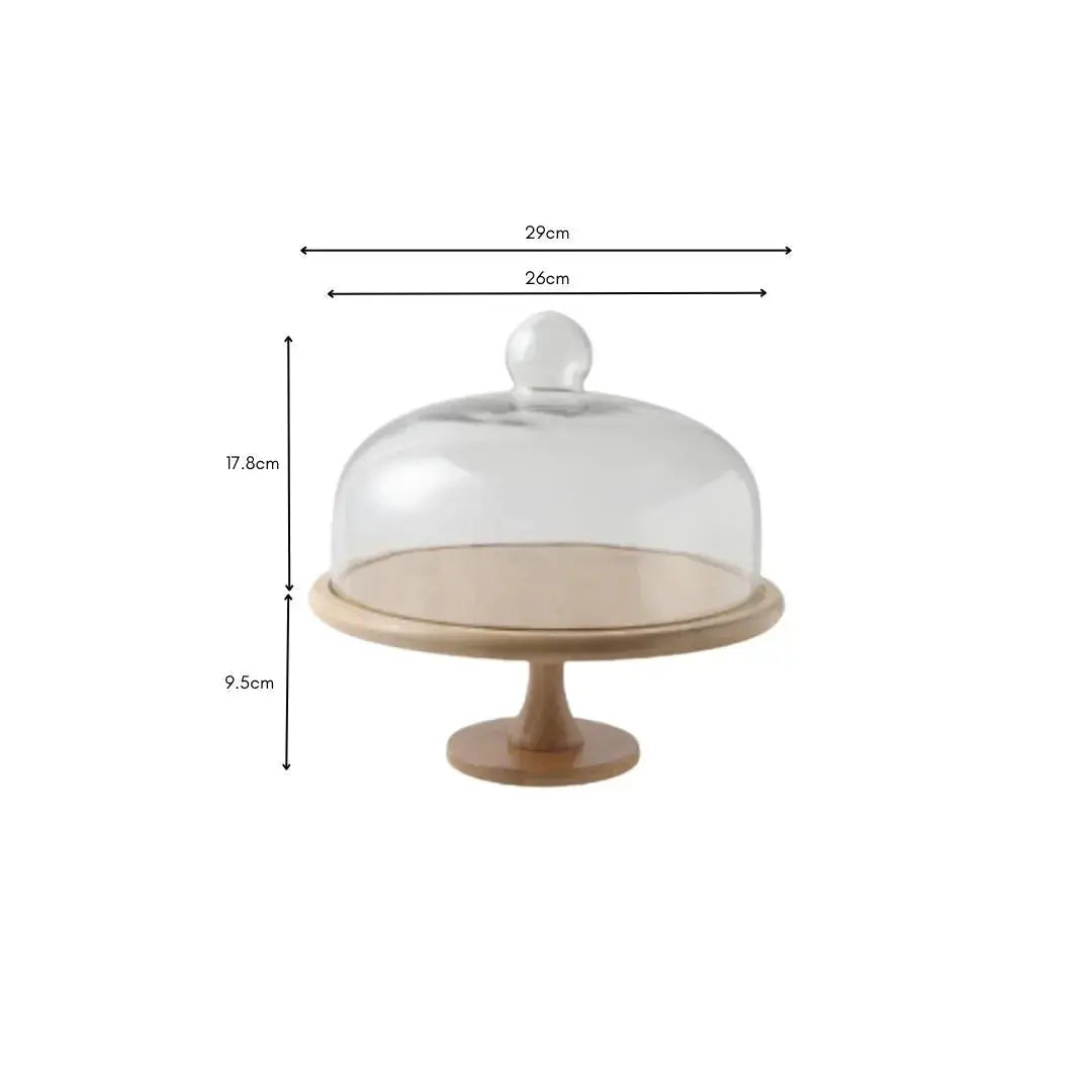 Walmer Cake Serving Stand with Dome Glass Lid Wooden Platter-Speckled Space
