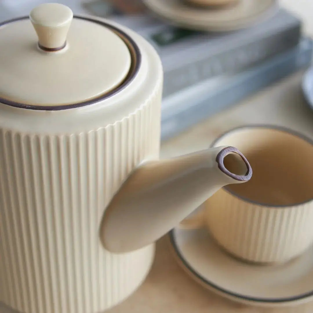 Panelope Cream Ceramic Teapot Set-Speckled Space