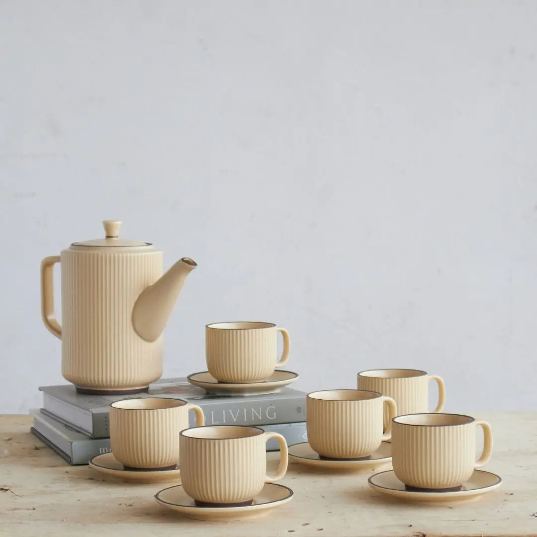 Panelope Cream Ceramic Teapot Set-Speckled Space