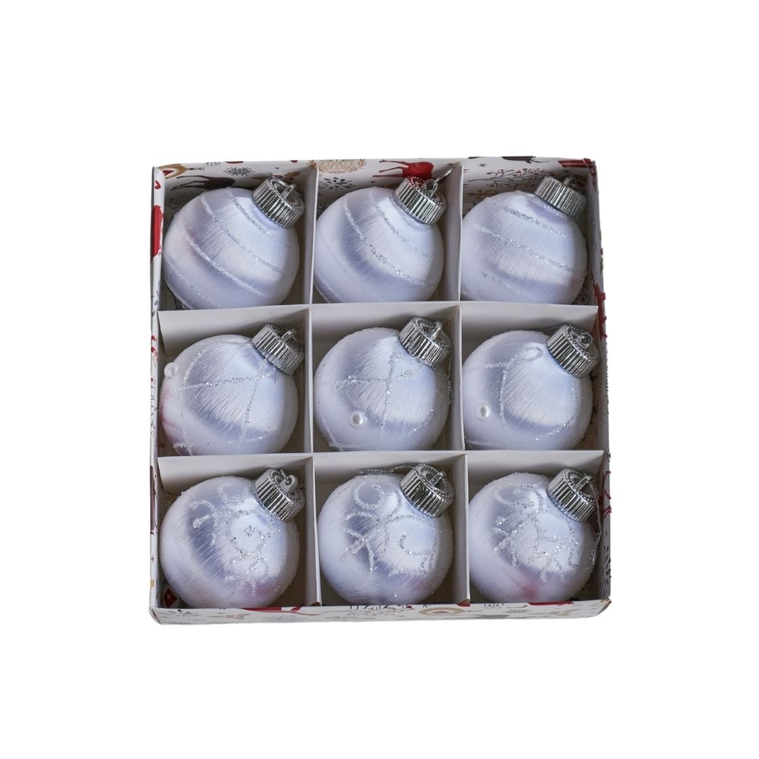 9pcs Set 8cm White Christmas Hanging Baubles Ornament