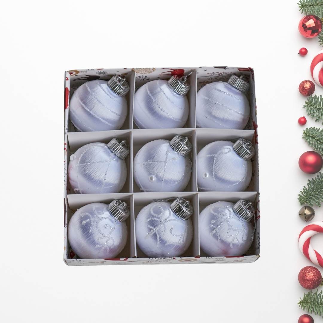 9pcs Set 8cm White Christmas Hanging Baubles Ornament (D52)