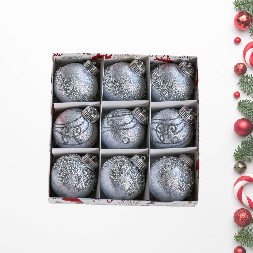 9pcs Set 8cm Silver Christmas Hanging Baubles Ornament (D54)