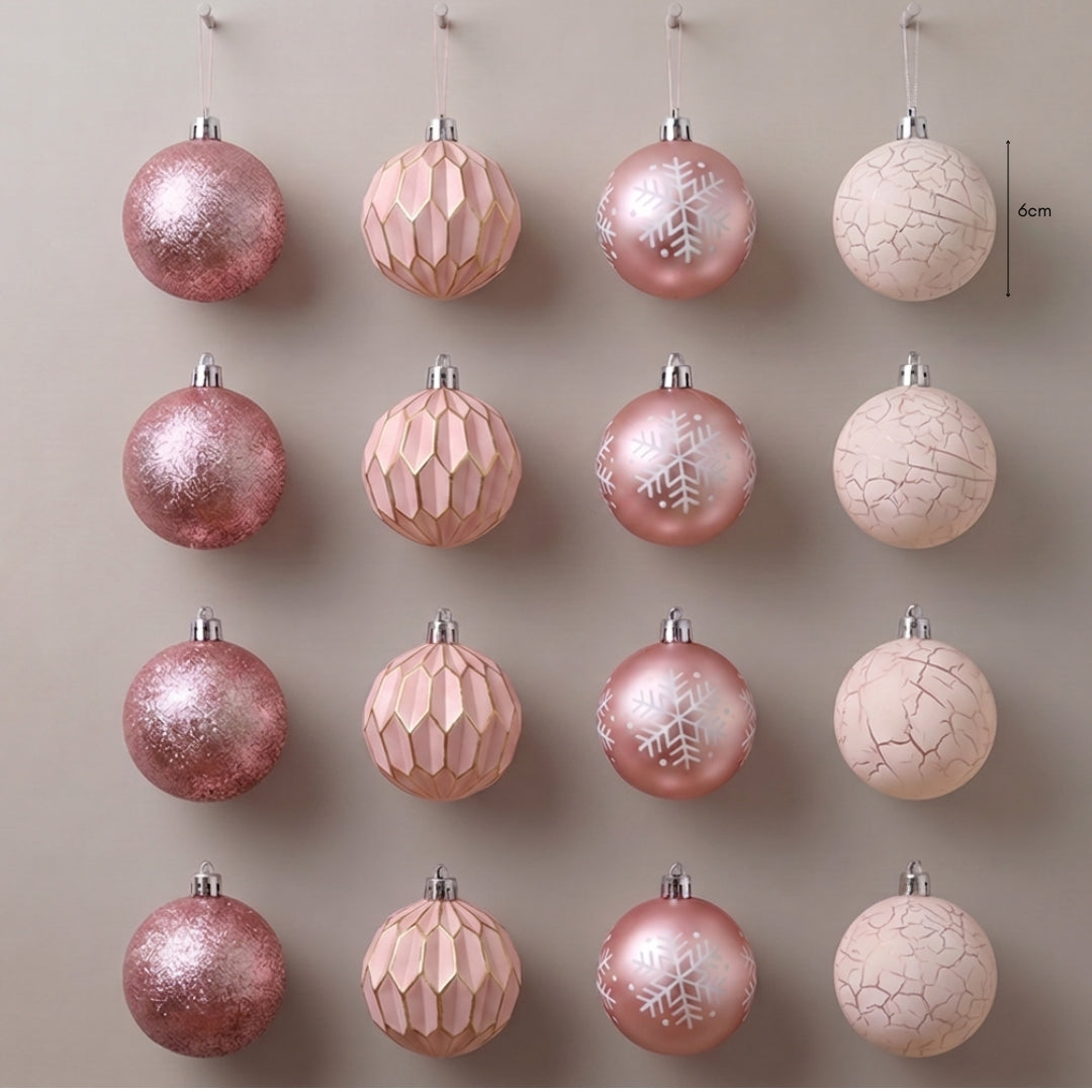16pcs Set Pastel Pink Christmas Hanging Baubles Ornament (D61)