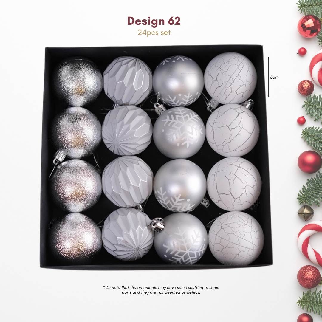 24pcs Set White Silver Christmas Hanging Baubles Ornament (D62)