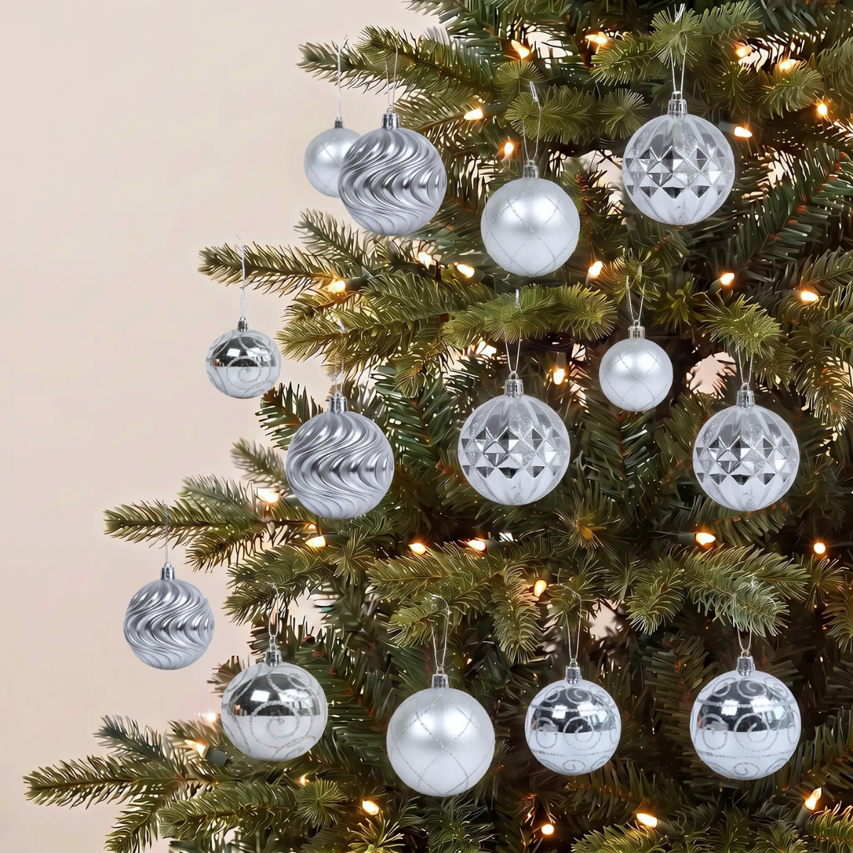 Silver 8cm Christmas Baubles in 16pcs Set for Christmas Tree in Singapore