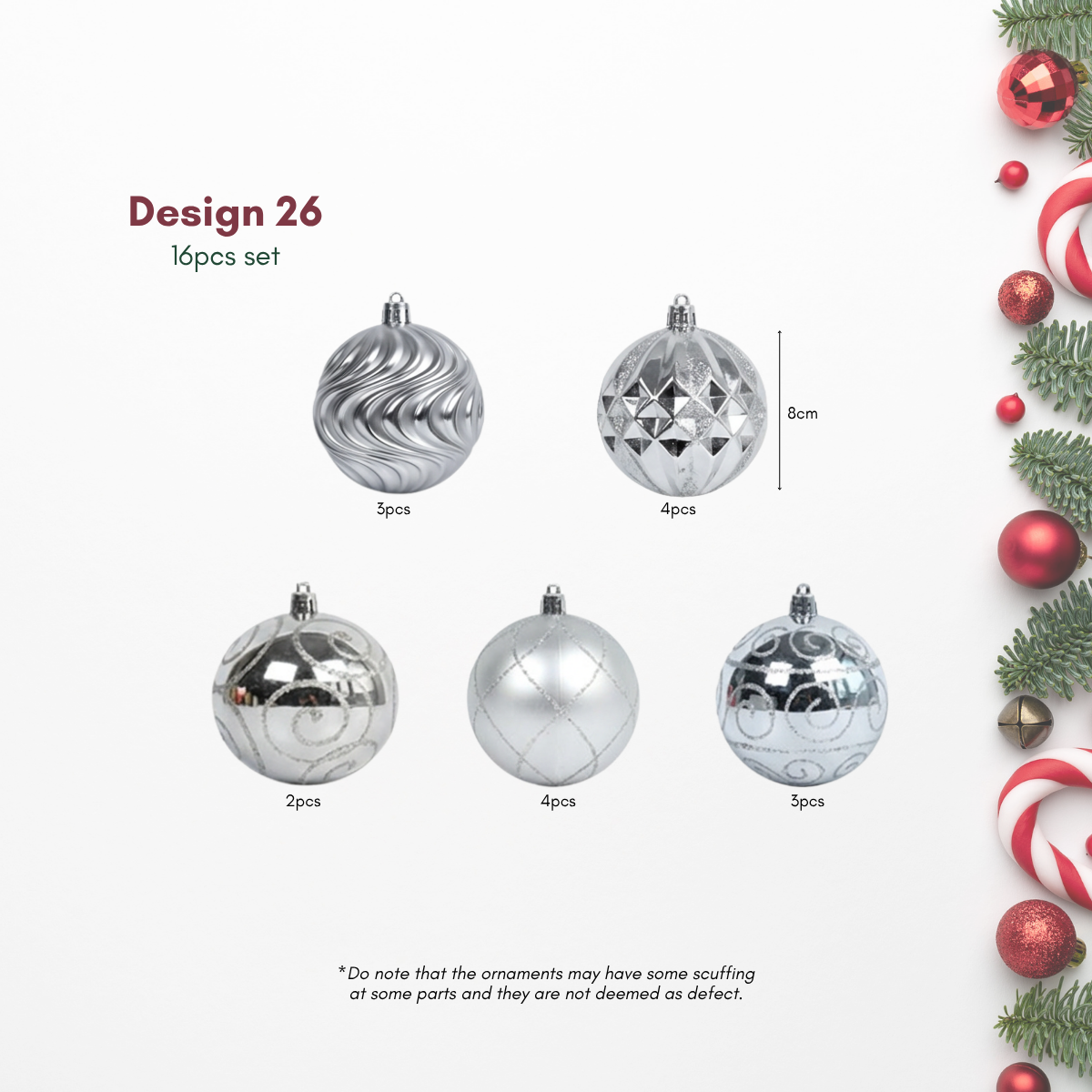 Silver 8cm Christmas Baubles in 16pcs Set for Artificial and Real Christmas Tree in Singapore