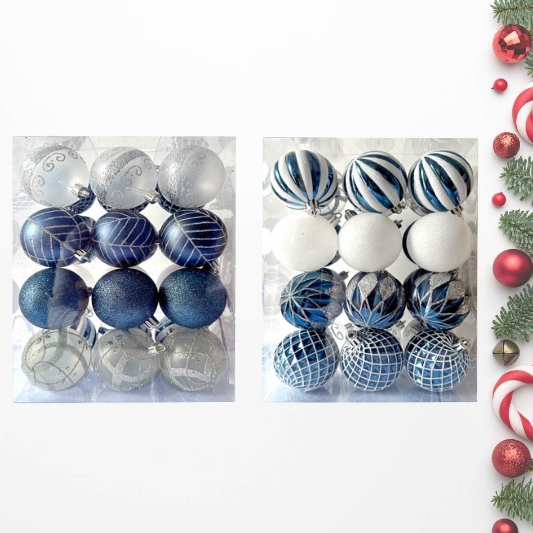24pcs Set Blue White Christmas Hanging Baubles Ornament (D66)