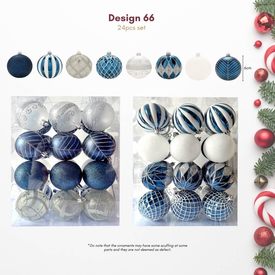 24pcs Set Blue White Christmas Hanging Baubles Ornament (D66)