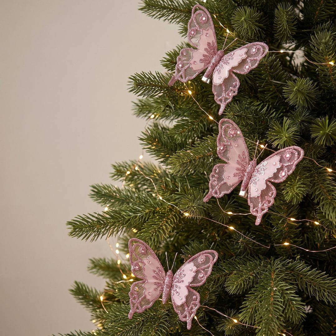Pink Butterfly Pin Christmas Ornament