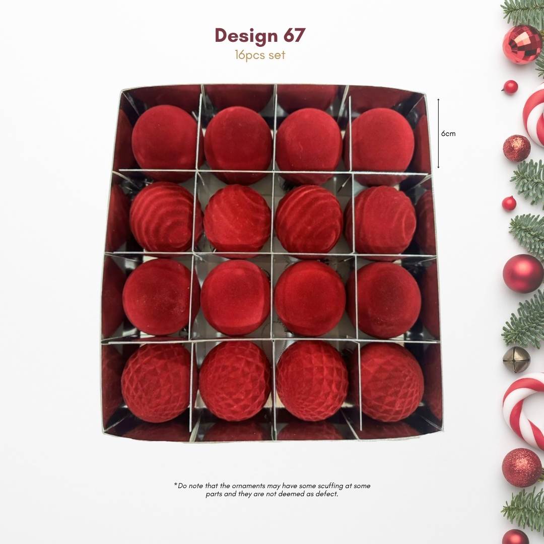 16pcs Set Red Velvet Christmas Hanging Baubles Ornament (D67)