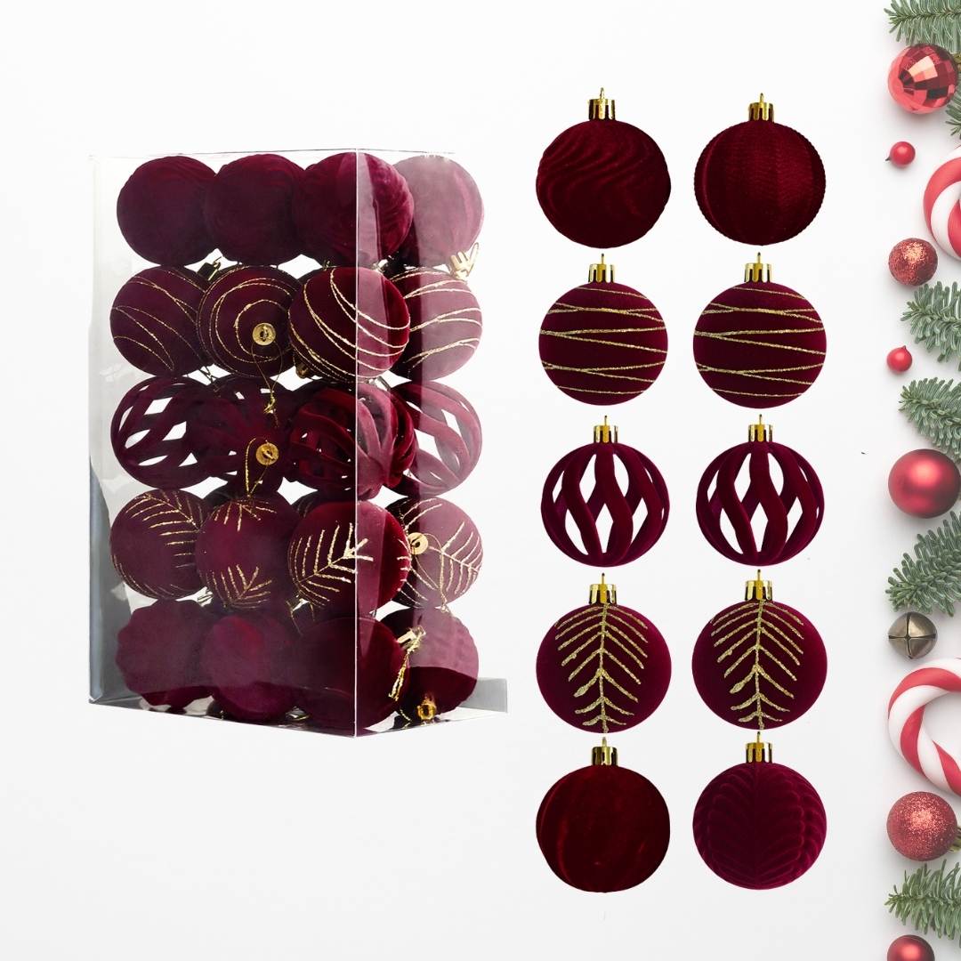 30pcs Set Maroon Velvet Christmas Hanging Baubles Ornament (D69)