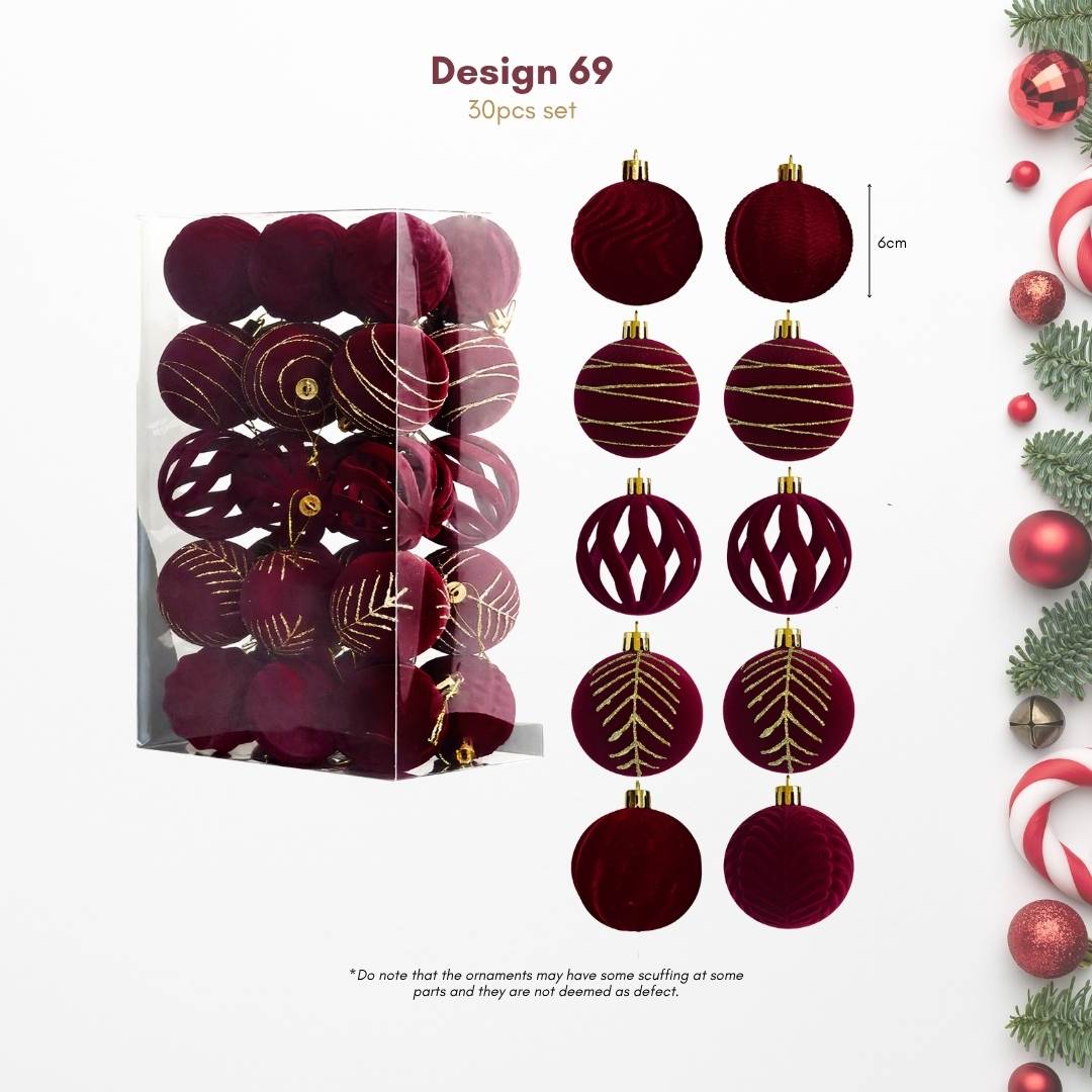 30pcs Set Maroon Velvet Christmas Hanging Baubles Ornament (D69)