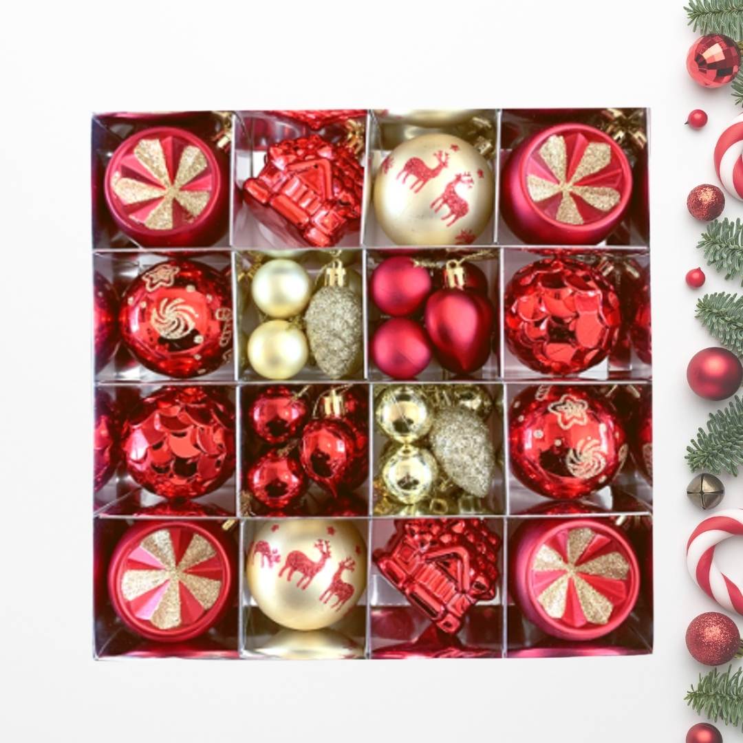42pcs Set Red Gold Christmas Hanging Baubles Ornament (D72)