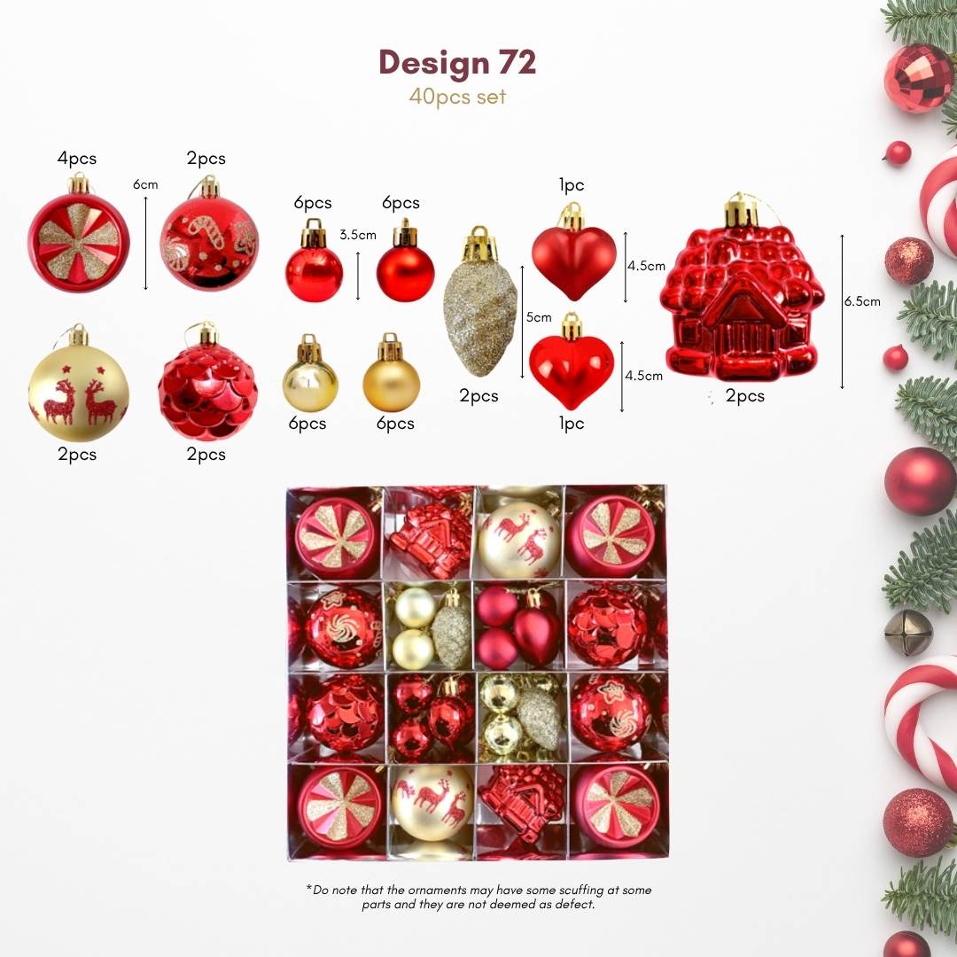 42pcs Set Red Gold Christmas Hanging Baubles Ornament (D72)