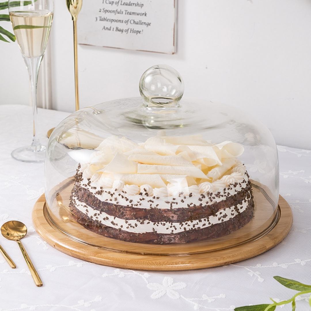 Whitney Cake Serving Tray with Dome Glass Lid Wooden Platter