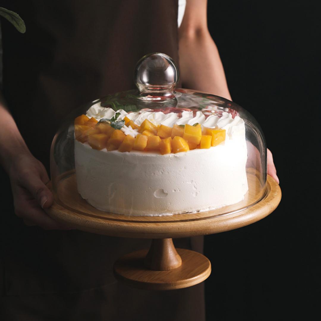 Walmer Cake Serving Stand with Dome Glass Lid Wooden Platter