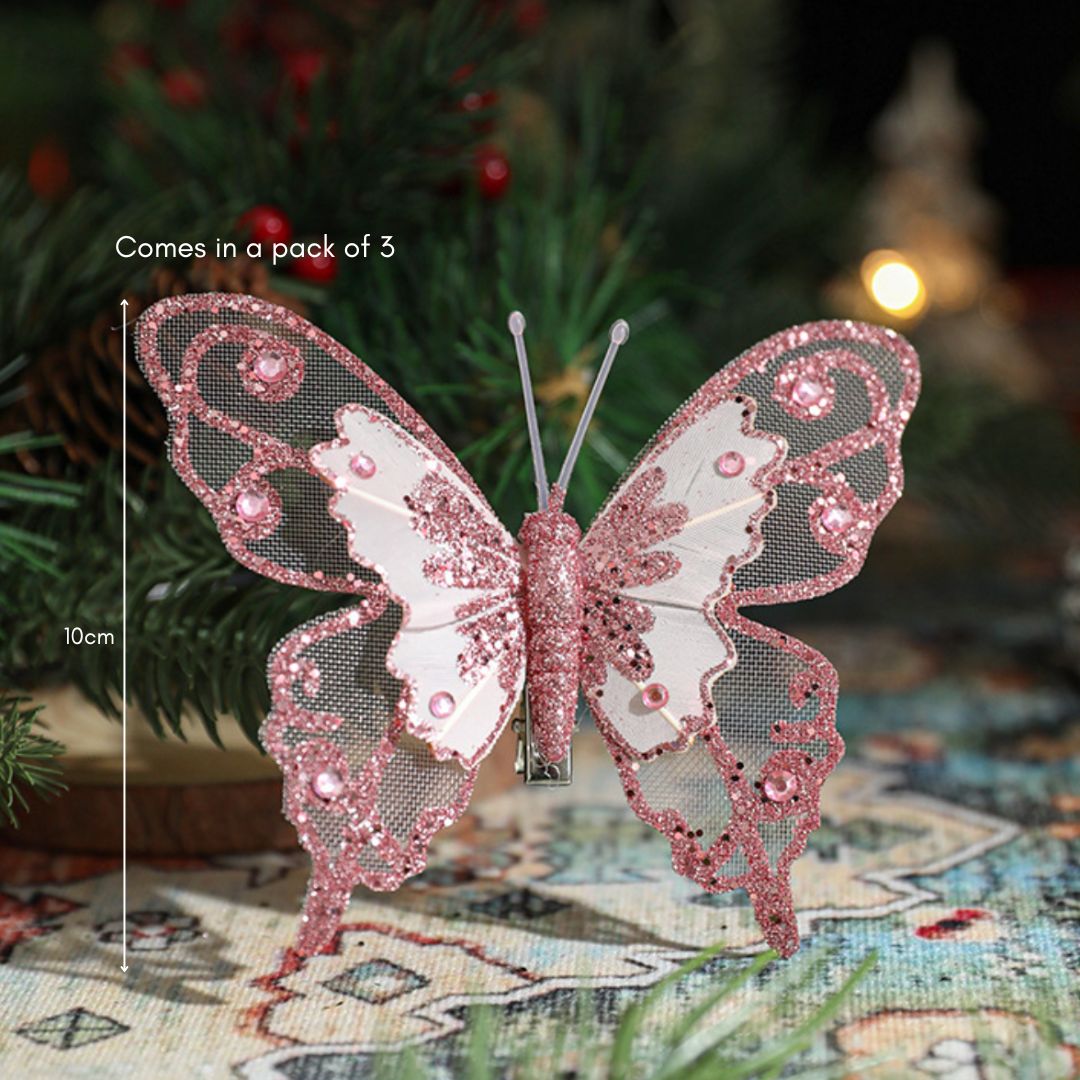 Pink Butterfly Pin Christmas Ornament