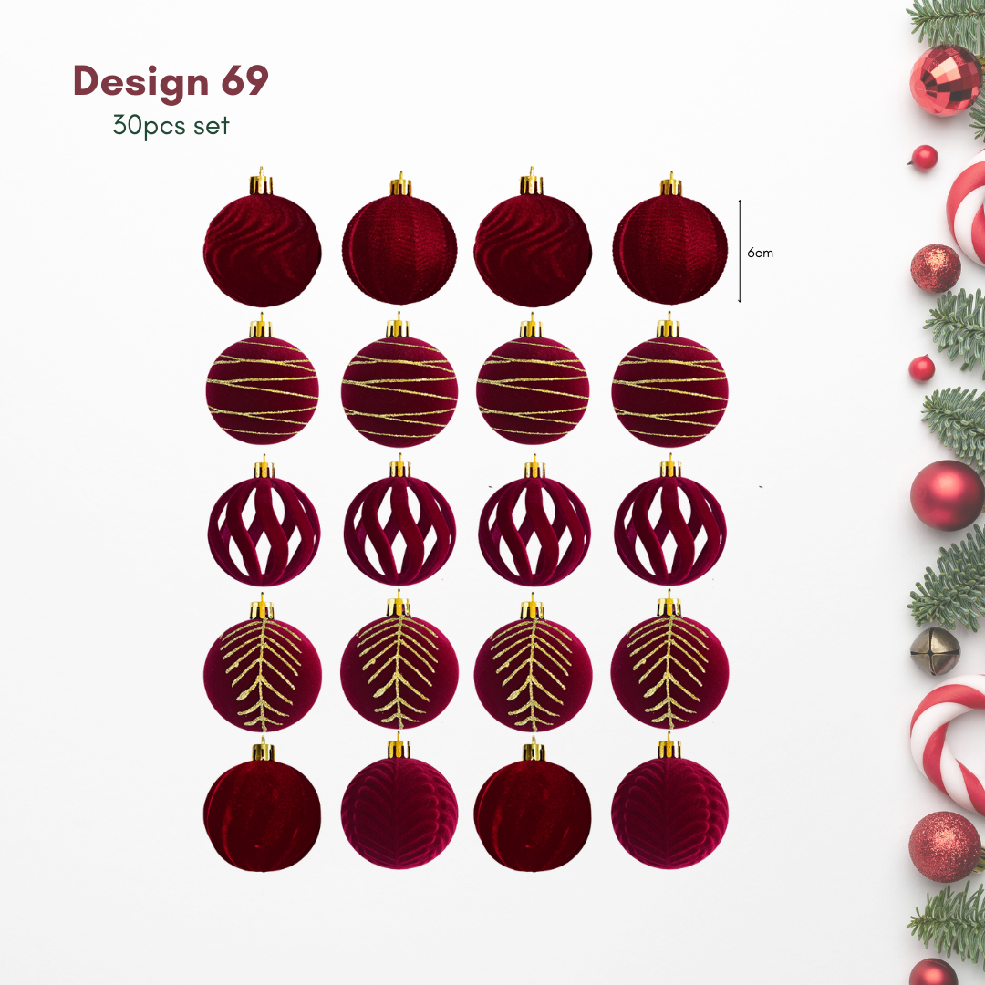 6cm maroon velvet Christmas baubles with gold details