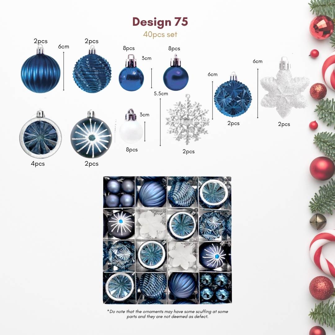40pcs Set Blue White Christmas Hanging Baubles Ornament (D75)