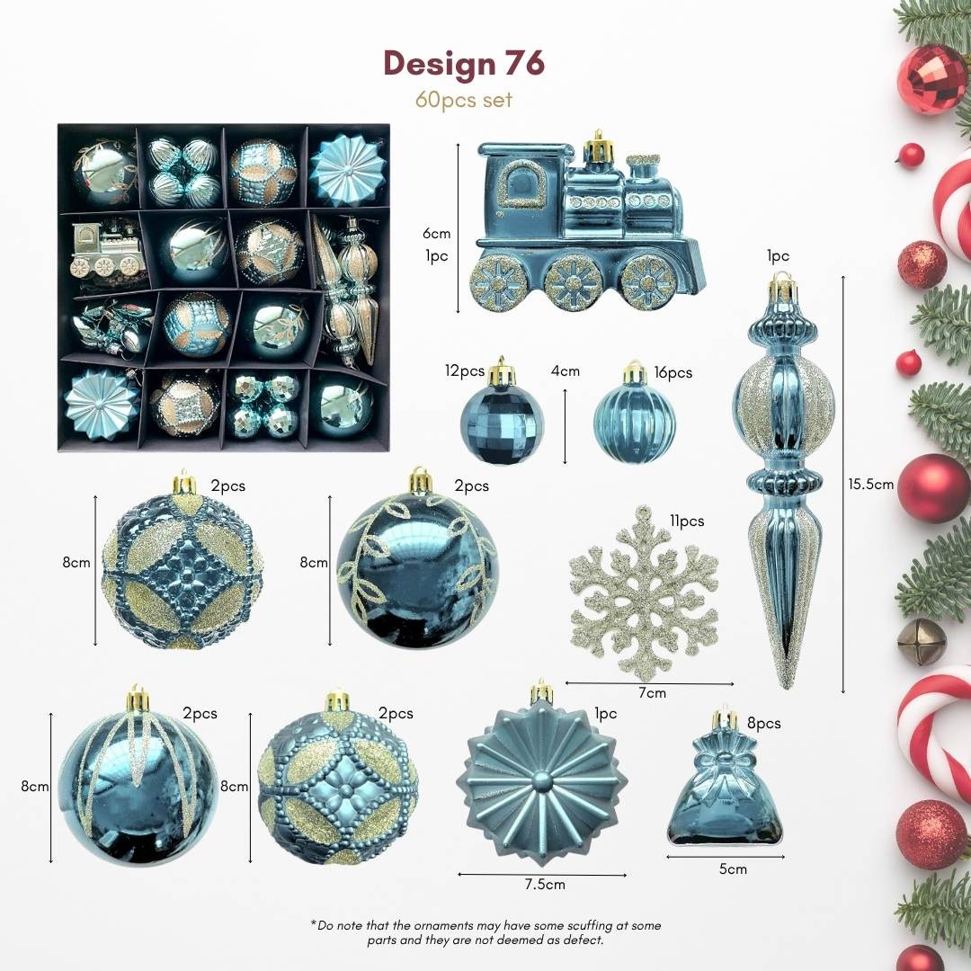 60pcs Set Turquoise Blue Christmas Hanging Baubles Ornament (D76)