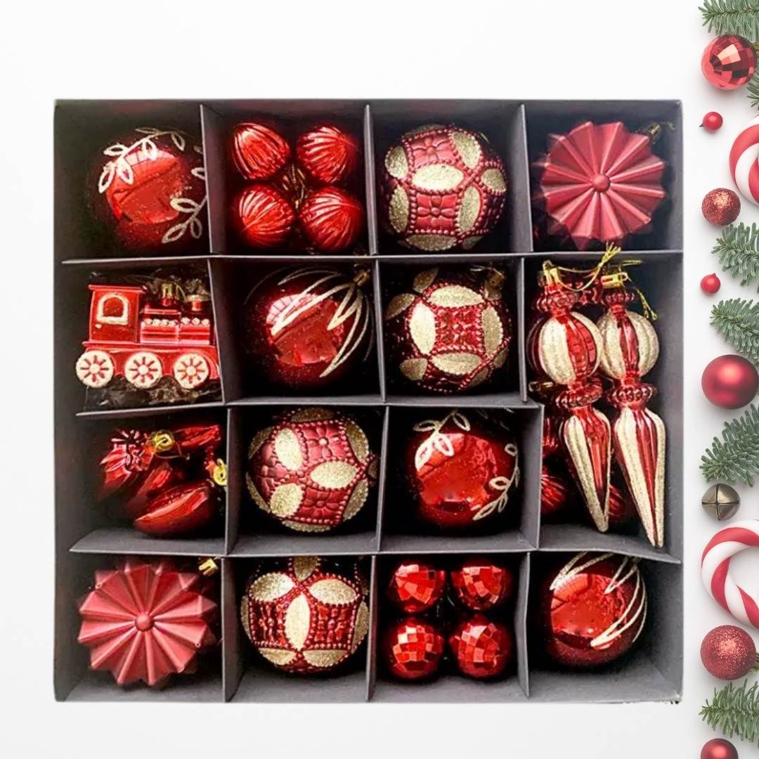 60pcs Set Red Gold Christmas Hanging Baubles Ornament (D77)
