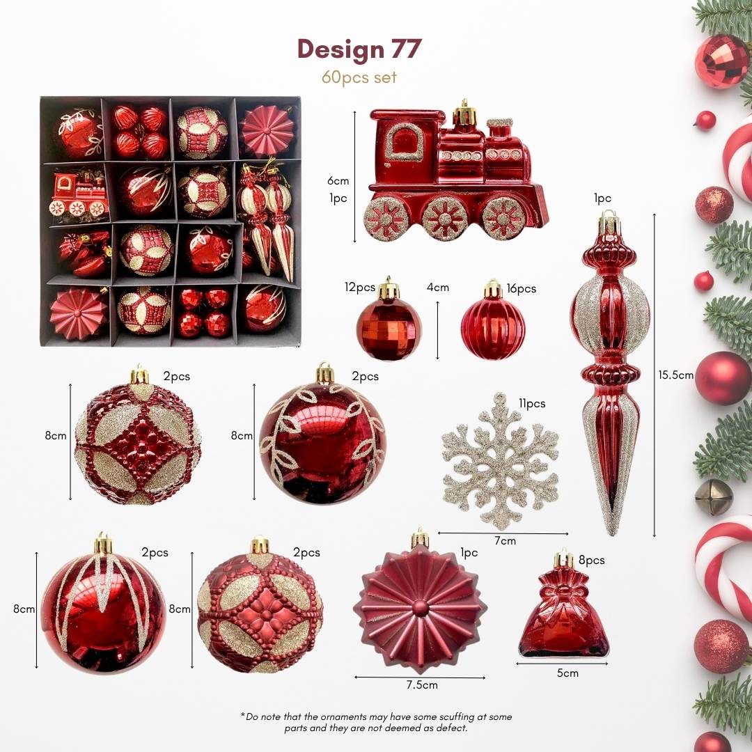 60pcs Set Red Gold Christmas Hanging Baubles Ornament (D77)